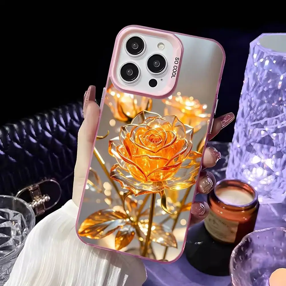 Piękne, eleganckie, złote etui na telefon w kształcie róży do iPhone'a 16, 15, 14, 13, 12, 11, Mini, Pro, MAX, różowe, matowe, odporne na wstrząsy.