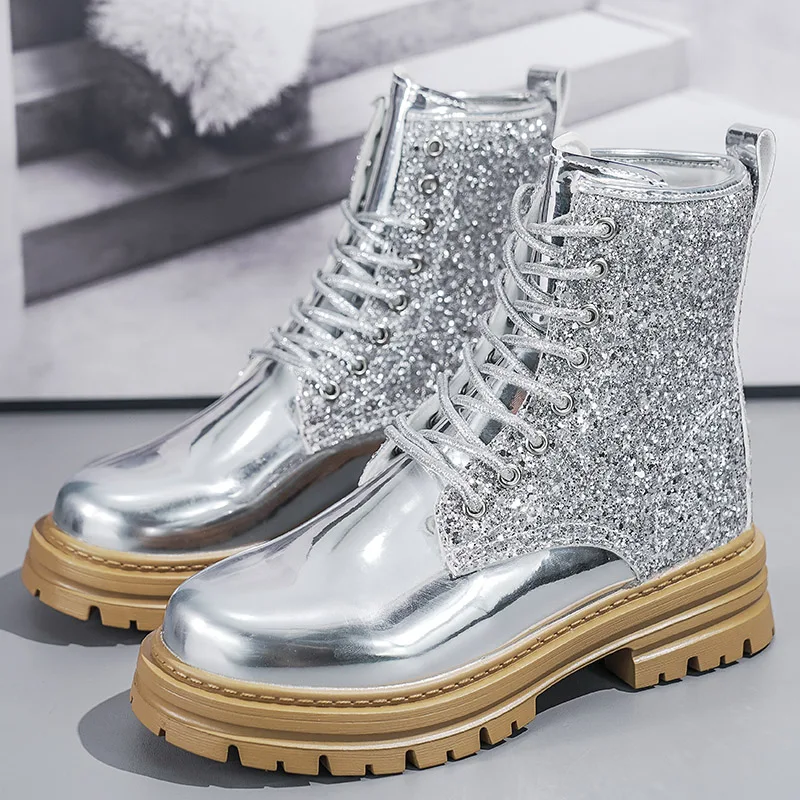 

Autumn Silver Women's Bright Boots Comfortable Platform Ankle Boots For Women High-Top Leather Fashion Women's Boots botas mujer