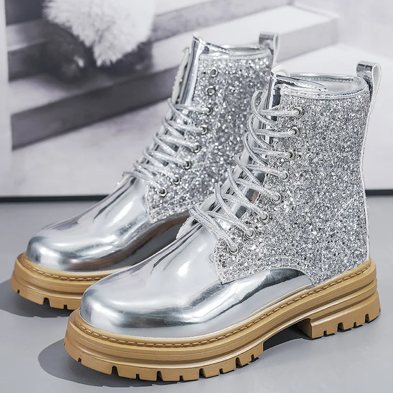 

Bright Leather Silver Women's Martin Boots Comfortable Platform Ankle Boots For Women High Wear-Resistant Fashion Women's Boots