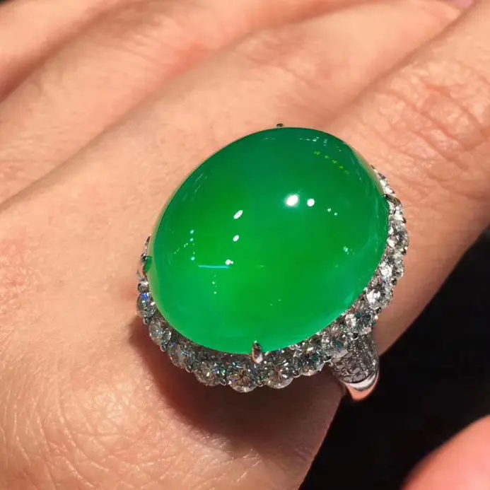 2026 New Silver Inlaid Crystal Natural Sun Green Chalcedony Oversized Egg Noodle Ring Simple and Exaggerated Women's Jewelry