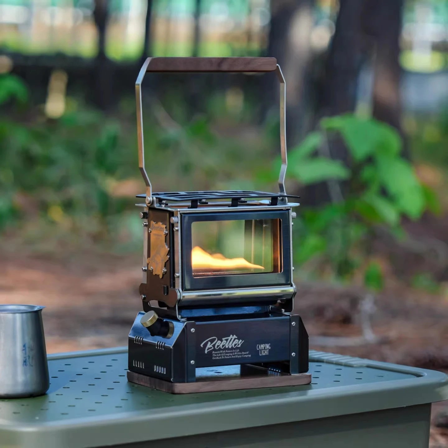 Beetle Retro Oil Lamp Style Desktop Fireplace Outdoor Portable Camping Atmosphere Heater Visible Fire Glass Window Lantern