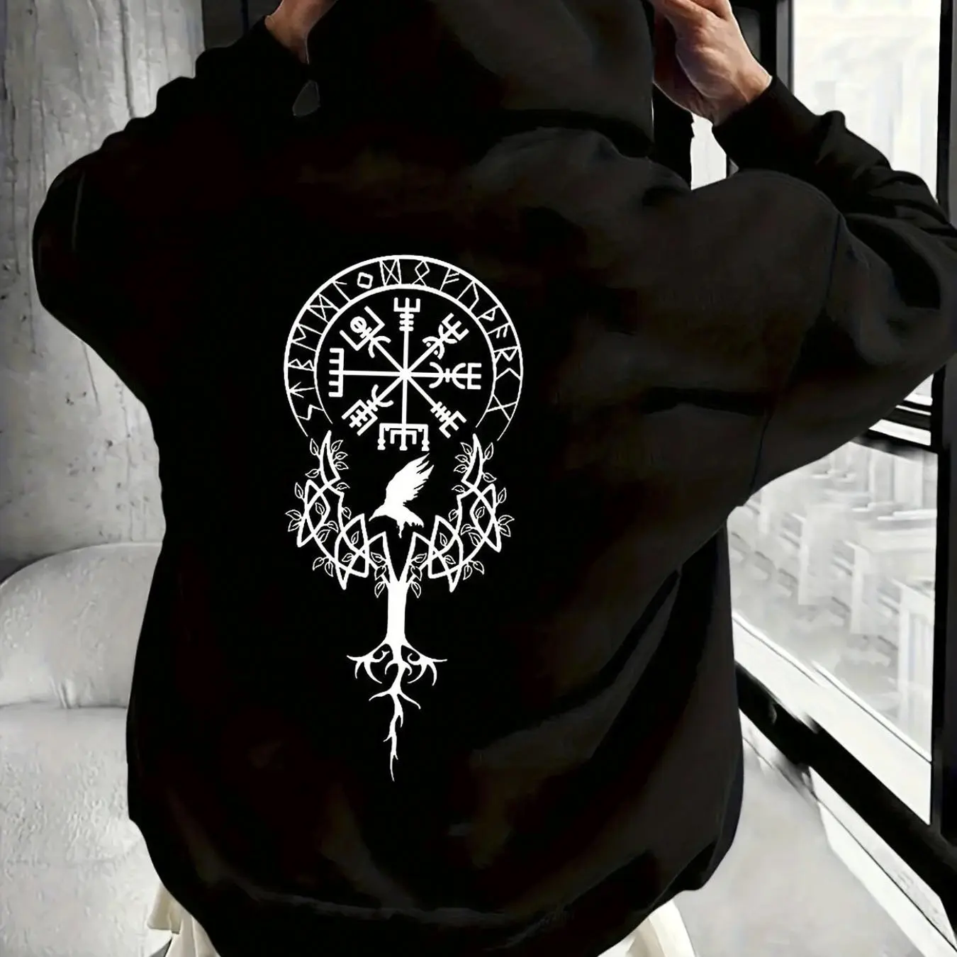 

occult symbolism hoodie black white tree bird print streetwear oversized pullover sacred geometry un aid wheat crisis design​