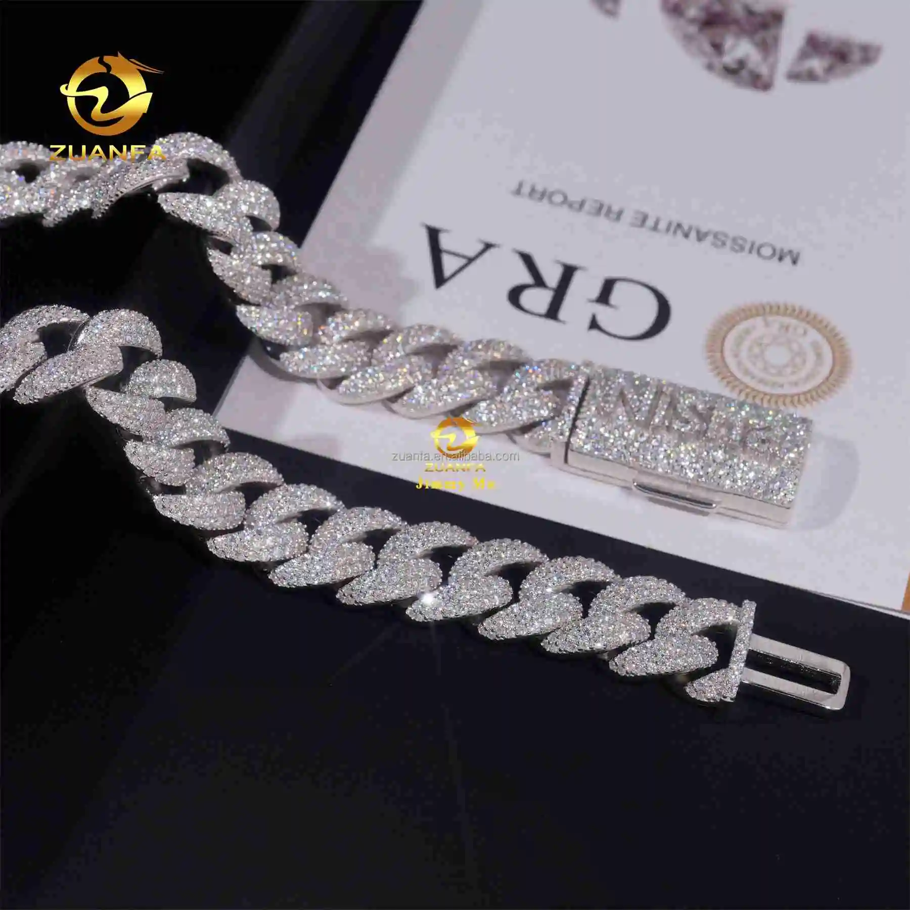 Name Custom Lock 15mm Prong Setting GRA 925 Silver Rhodium Plated Iced Out Hip Hop Moissanite Diamond Miami Cuban Link Chain.