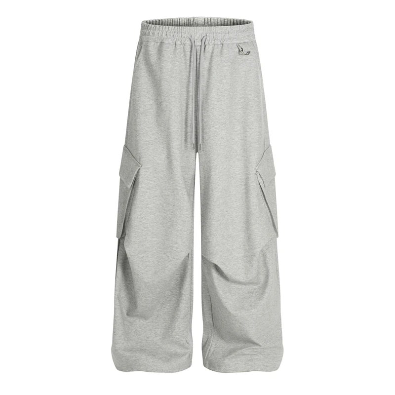 

New Men Sweatpants Pleated Design American Style Multi Pockets Solid Color Elastic Waist Loose Drawstring Male Pants