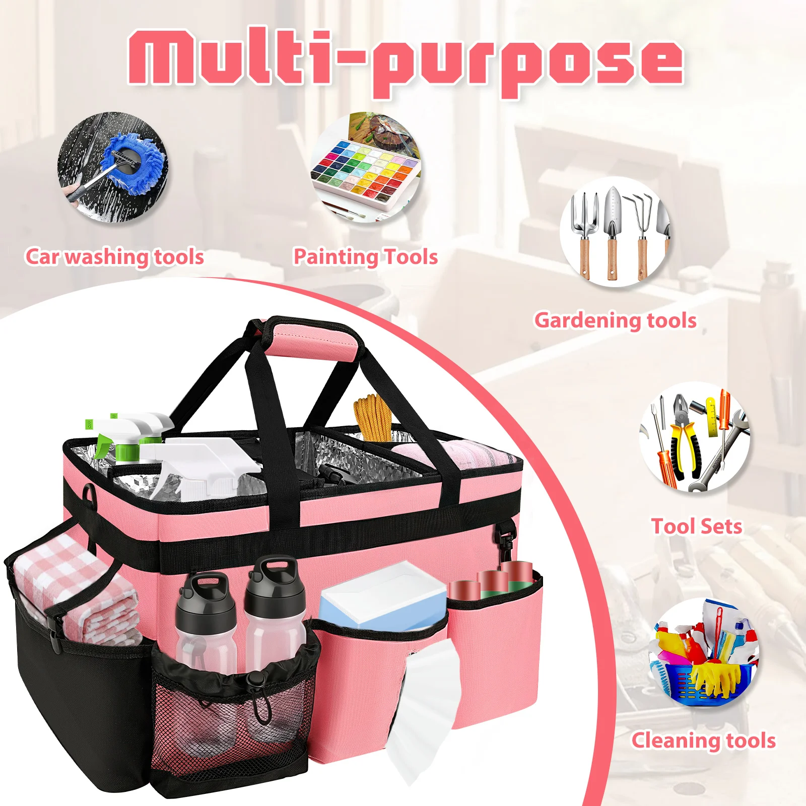 حقيبة تخزين أدوات التنظيف شديدة التحمل يمكن ارتداؤها مع فواصل قابلة للفصل، حقيبة أدوات متعددة الوظائف ذات سعة كبيرة #5