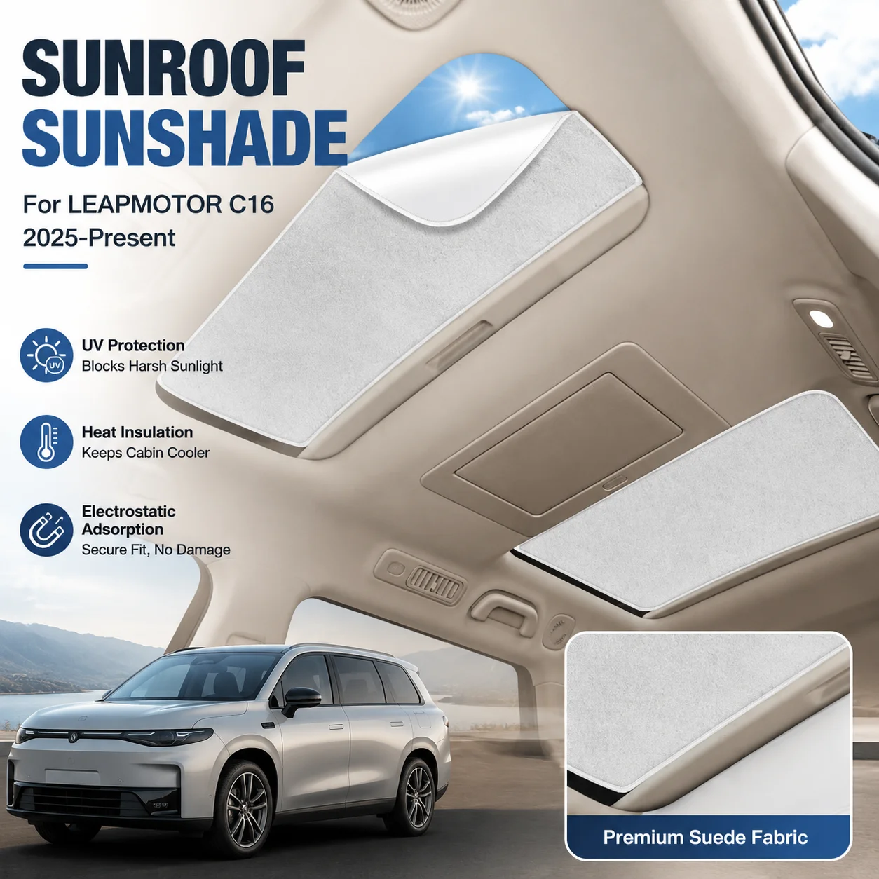 

Car Suede Fabric Anti-uv Electrostatic Adsorption Sunroof Sunshade For LEAPMOTOR C16 2025-Present Auto Heat Insulation Skylight