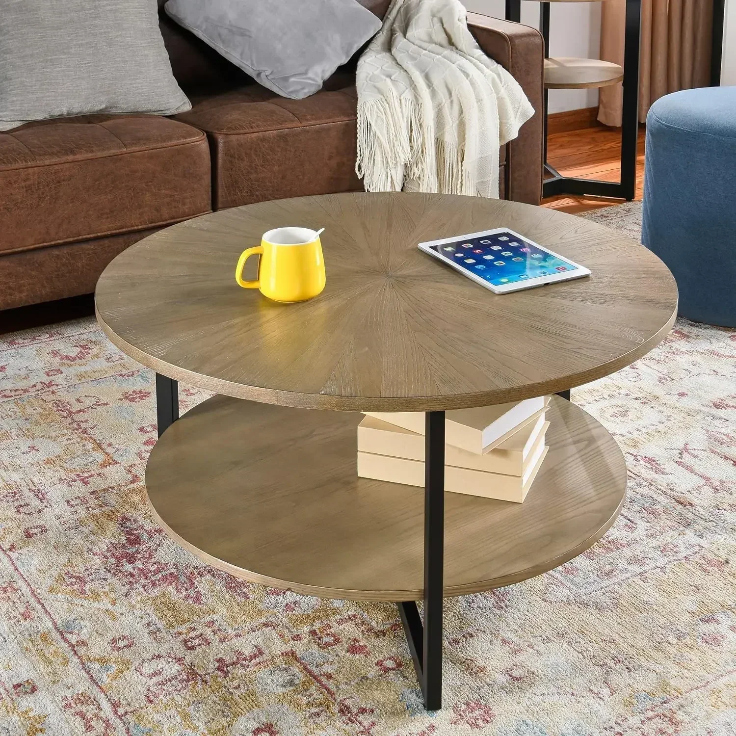 Leemtorig-round Wood For Living Room, Circle Coffee Table, Farmhouse Solid Wood Drum Coffee Table With Storage