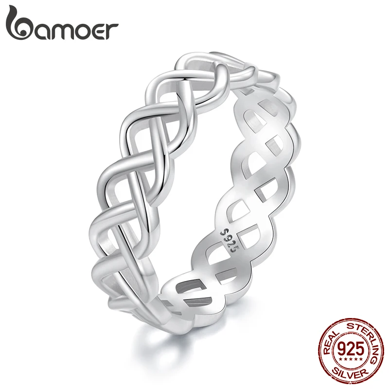 BAMOER 925 Sterling Silver Woven Rings, Celtic Knot Chain Rings for Women Vintage Eternity Band Ring Jewelry BSR619