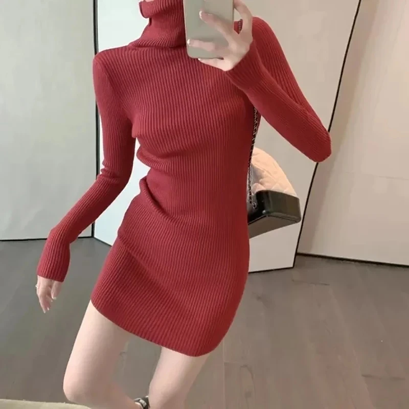 HELIAR Women Autumn Turtleneck Thicken Warm Bodycon Dress Long Sleeve Knit Solid Office Pullover Dress For Women 2024 Winter