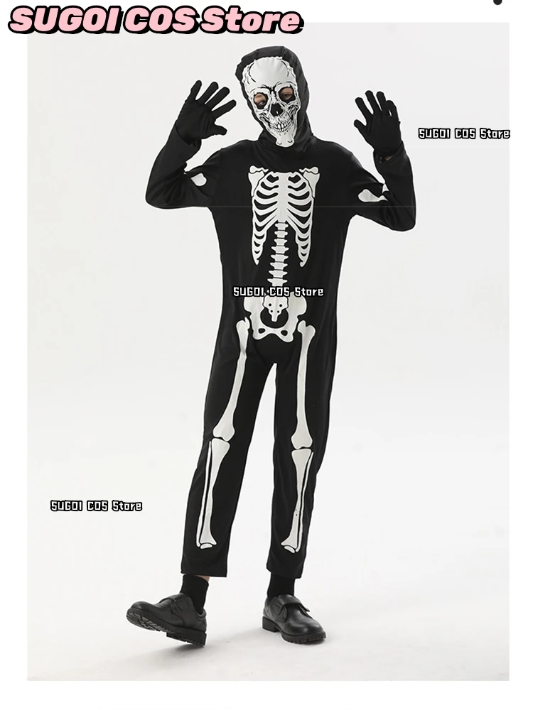 โครงกระดูกฮาโลวีนคอสเพลย์เครื่องแต่งกายสําหรับเด็ก Ghost Jumpsuit Glow in The Dark Carnival Party Zentai บอดี้สูทชุดเวที
