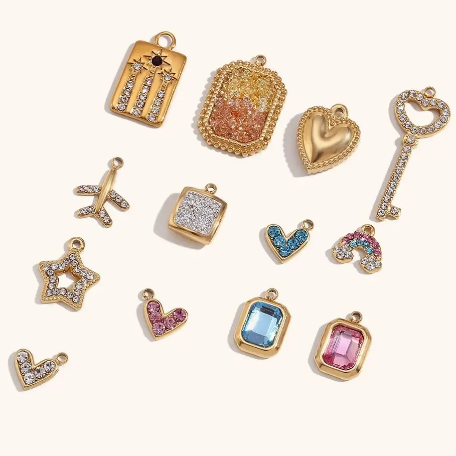 Amuletos cuadrados de acero inoxidable para joyería, llave en forma de corazón, circonita cúbica, arcoíris, gran calidad, joyería