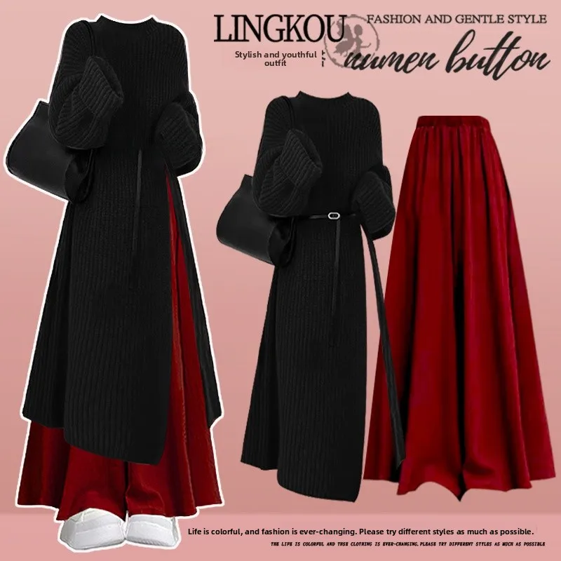 

High Waist Ele Knitted Sweater And Casual Skirt Two Piece Set for Women Autumn Winter Faion Ensemble Long Sve round ...