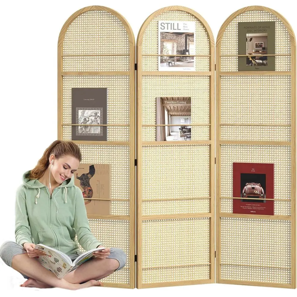 

Разделительная перегородка из ротанга со встроенной книжной полкой | Складная ширма для конфиденциальности и портативная перегородка, отдельно стоящая конструкция (из натурального ротанга)