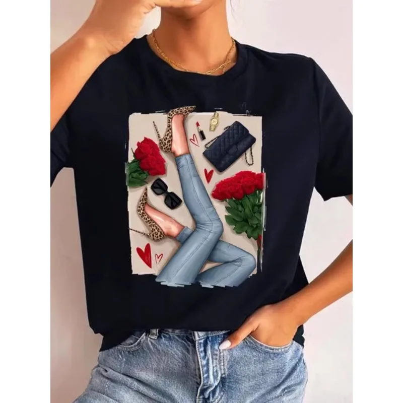 European and American Fashion High Heels Printed Short Sleeve T-shirt Women's Summer Round Neck Tops  Oversized T Shirt