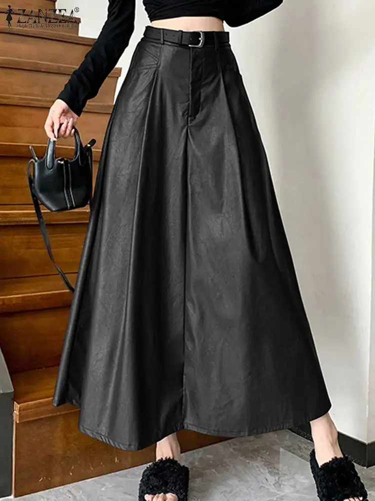

ZANZEA Fashion Women High Waist Solid A-line Skirt Vintage PU Leather Long Skirts Spring Elegant Casual Jupe Party Faldas Saia