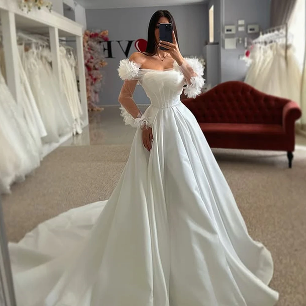 Charmoso fora do ombro mangas compridas plissado sweetahrt cetim uma linha vestidos de casamento trem varredura feito sob encomenda 2025 vestido de noiva