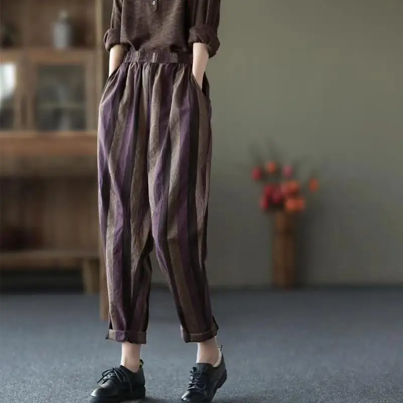 Cotton New Vintage Vertical Stripe Women's Trousers High Waist Loose Nine-point Casual Pants Women's Summer 2023 New