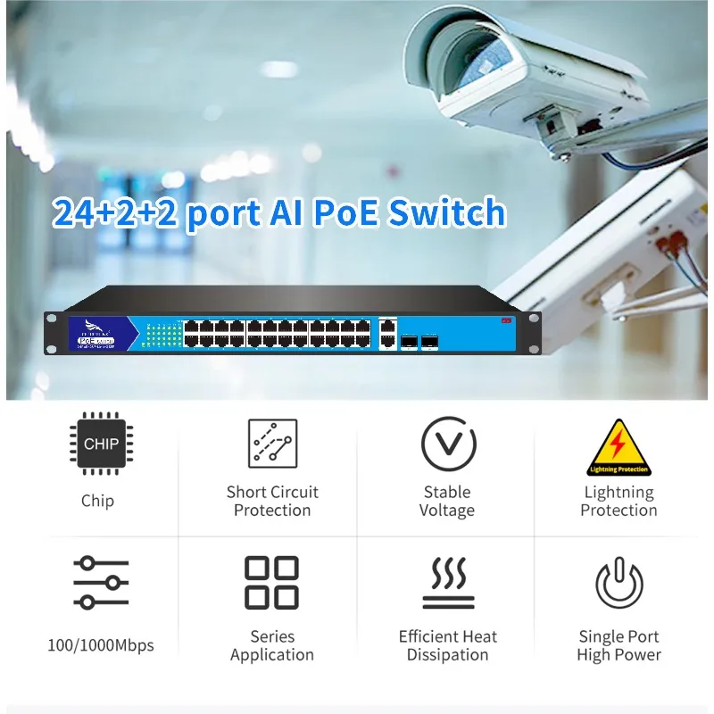 24+2+2 Gigabit 28-Port PoE Network Switch with IEEE802.3af/at 52V/7.3A 380W 30W Max Port Power QoS SNMP 56Gbps Capacity