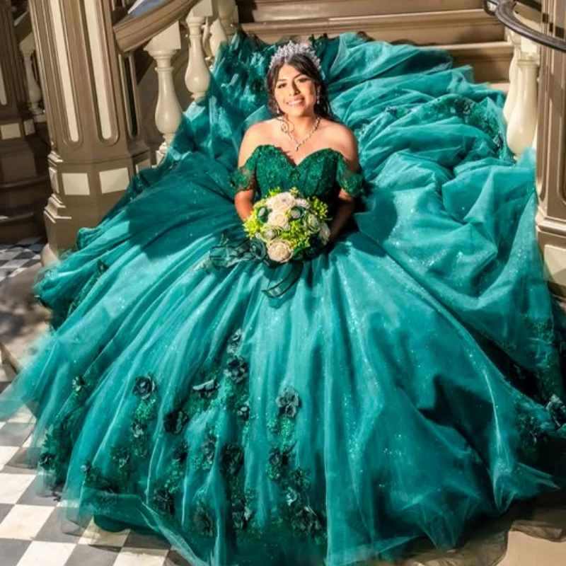 

Customized Shiny blackish green Off Shoulder Quinceanera Dress applique Tull 3D flower Long tail vestidos de 15 Quinceanera