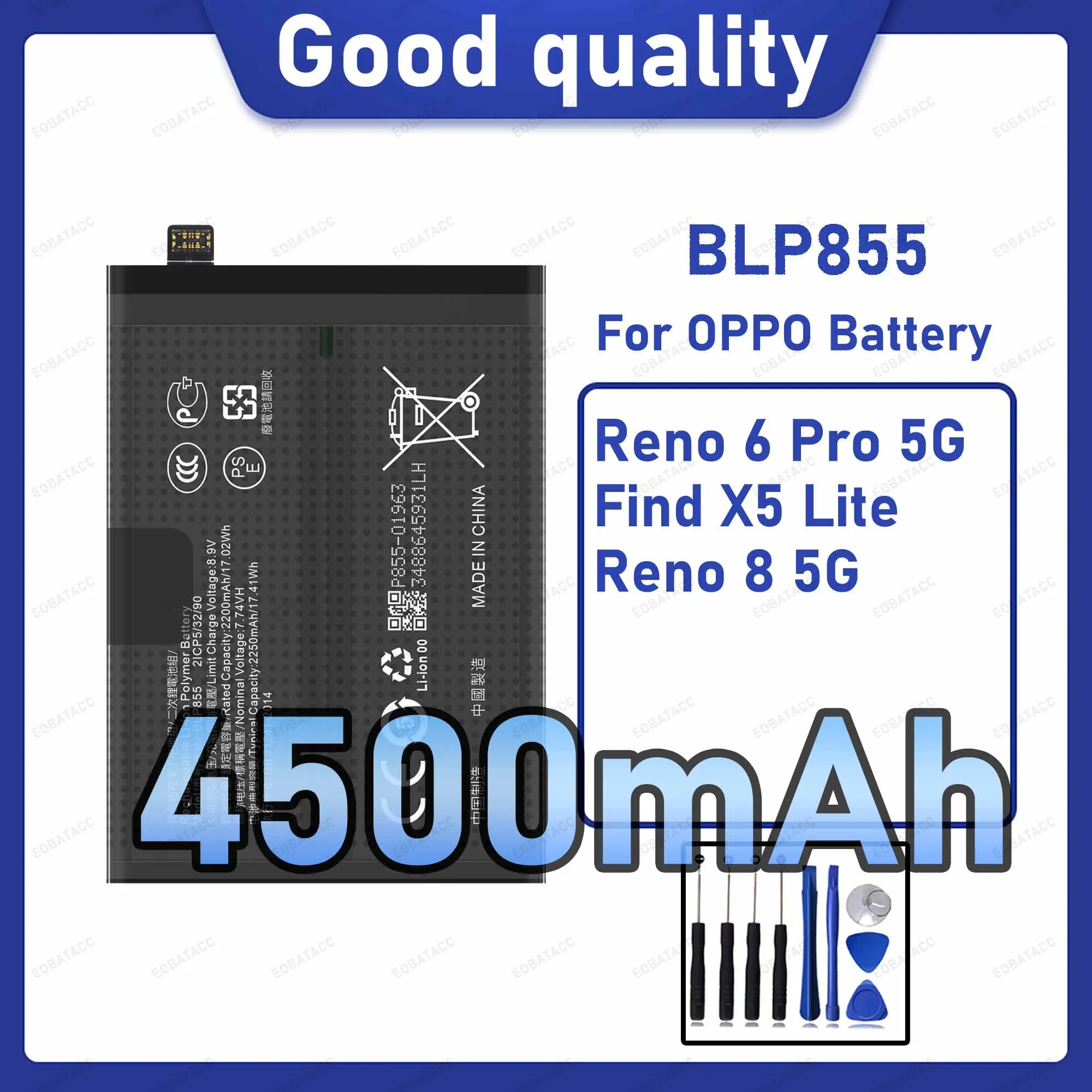 4500mAh BLP855 Replacement Battery for OPPO Reno 6 Pro 5G/Find X5 Lite with Repair Tools Kit