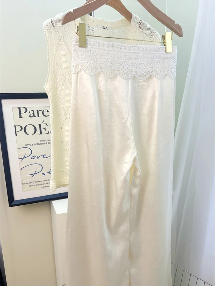 ลูกไม้ patchwork กรดอะซิติกซาตินกางเกงขากว้างผู้หญิงฤดูร้อนบางสูงเอว slimming ขาตรงกางเกงสบายๆ