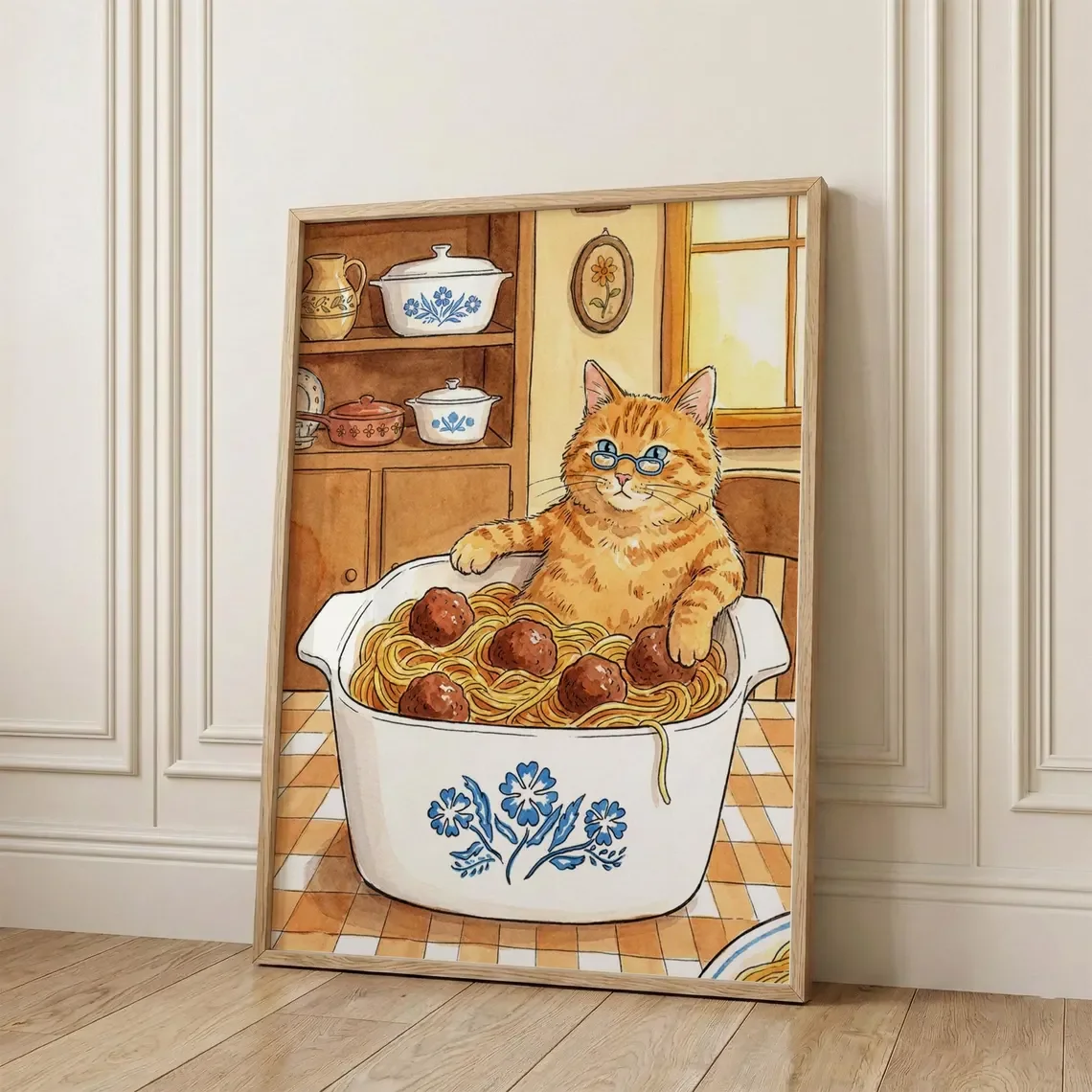 Vintage Spaghetti Cat Print: Funny Retro Kitchen Wall Art Poster, Blue Cornflower Pasta Poster