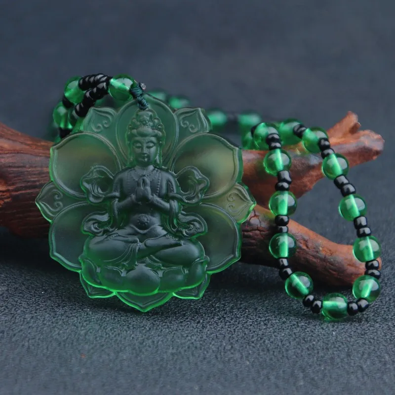 Liuli Crystal Buddha Green Tara Amulet Buddha Charms Tibetan Buddhism Religion Amulet Pendant Crystal Beads Glass Necklace