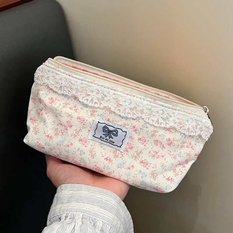 Sweet Pink Lace Floral Pencil Case, Girl High‑Aesthetic Pencil Bag, Multi‑Purpose Storage Pouch for Student Earphones