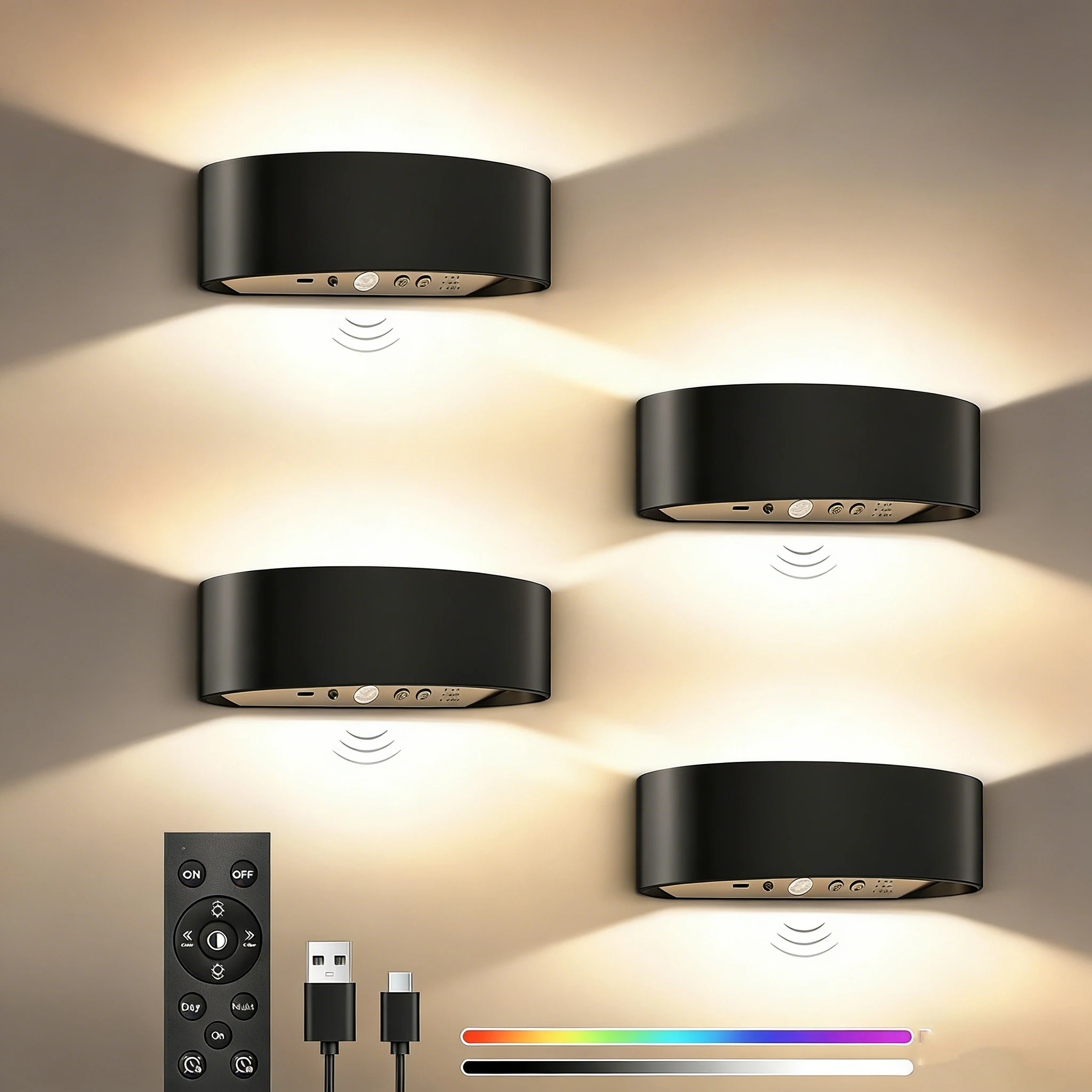 2/4 Stück LED-Wandleuchte mit Fernbedienung, dimmbar, RGB-Lampe, Up-Down-Wandmontage, wiederaufladbar, batteriebetrieben, kabellos, Heimdekoration