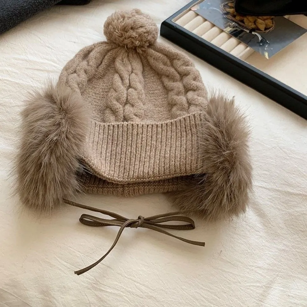 Cute Plush Knitted Trapper Hat Ear Protection Warm Pompom Beanie with Earflap Large Head Circumference Thick Wool Cap Boy