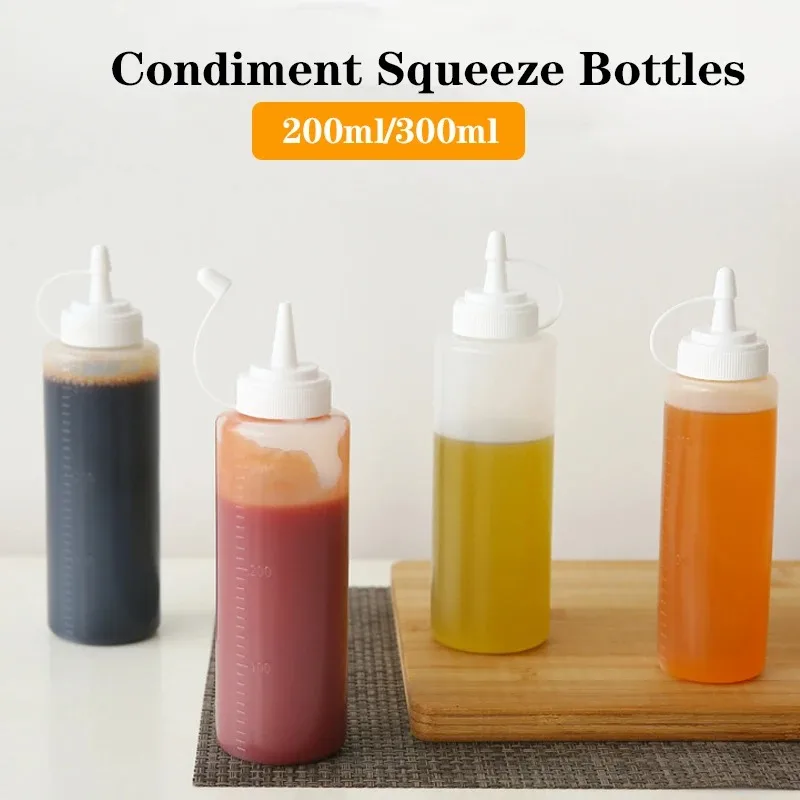 

200ml/300ml Condiment Squeeze Bottles Salad Sauce Dispenser Mustard Mayo Hot Sauces Olive Oil Storage Bottles Kitchen Supplies