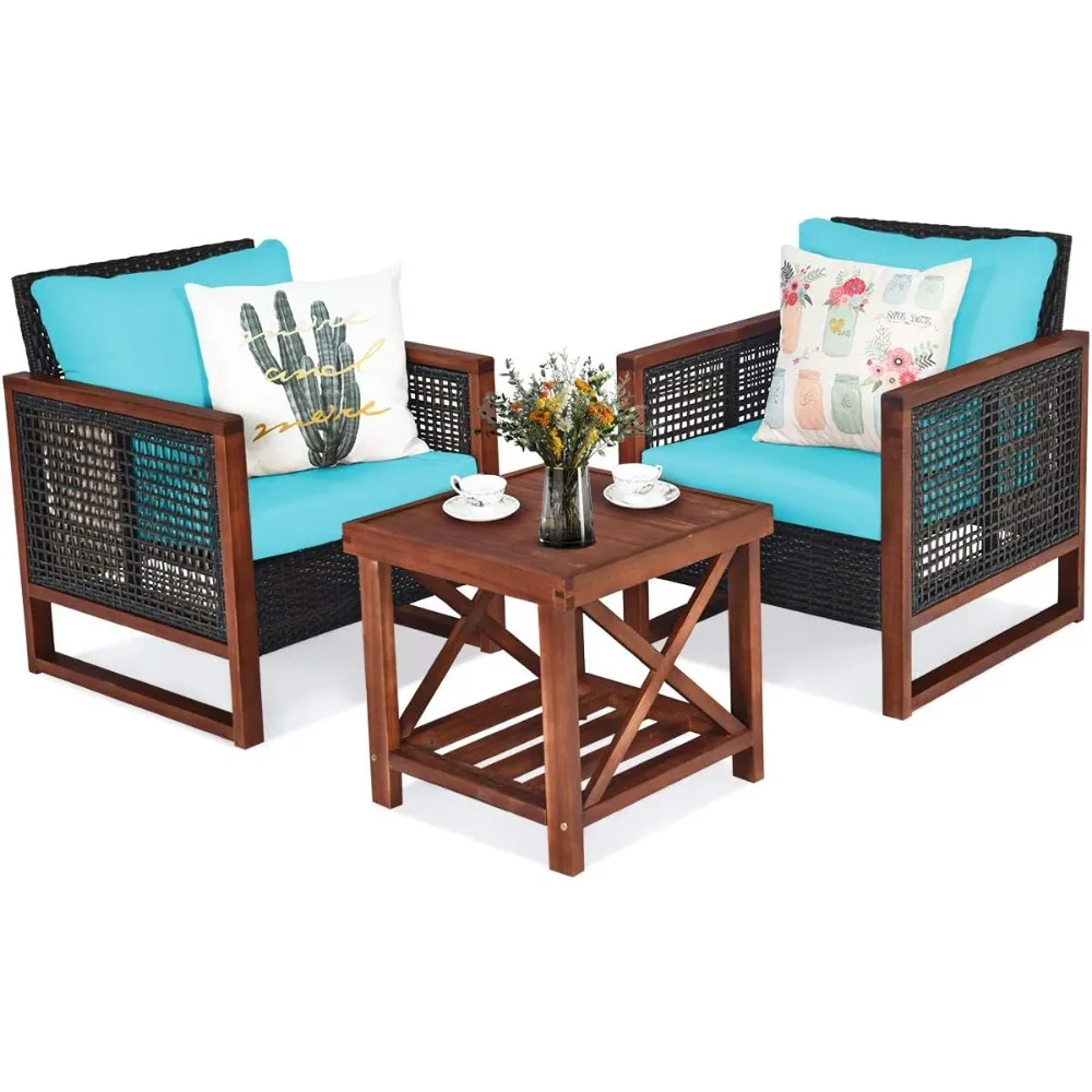 3 Pieces Patio Wicker Furniture Set, Rattan Outdoor Sofa Set w/Washable Cushion & Acacia Wood Coffee Table, Conversatio