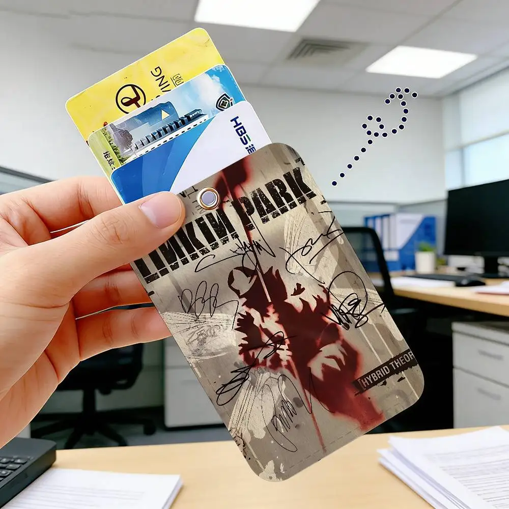 Band L-Linkin Cool P-Park Rectangle ID Card Case Keychain Access Card Bag Key Tag Ring Leather Card Holder Key Ring Access