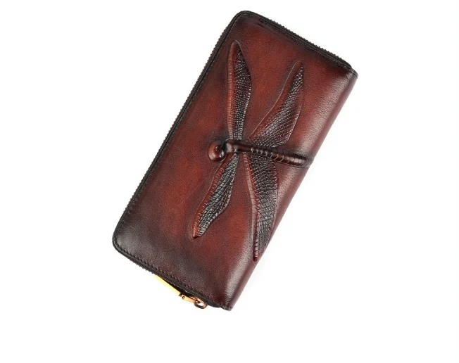 Women's Classic Cowhide Wallet Long Style Handbag Genuine Leather Large Capacity Card Case with Butterfly Embossing