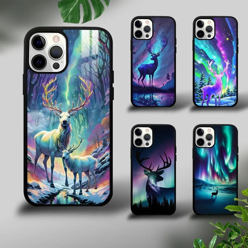 Auroral Starry Sky Deer Phone Case For iPhone 16 15 14 13 12 11 Pro Xs Max Mini Plus Celulares Hard Funda