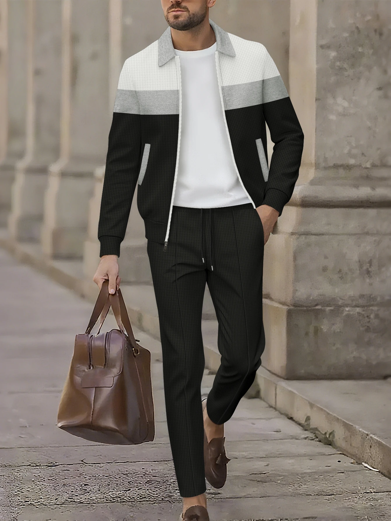 

Мужской модный комплект из 2 предметов: куртка и брюки с вафельной текстурой и цветовыми блоками для повседневной носки, уличного стиля и делового кэжуала