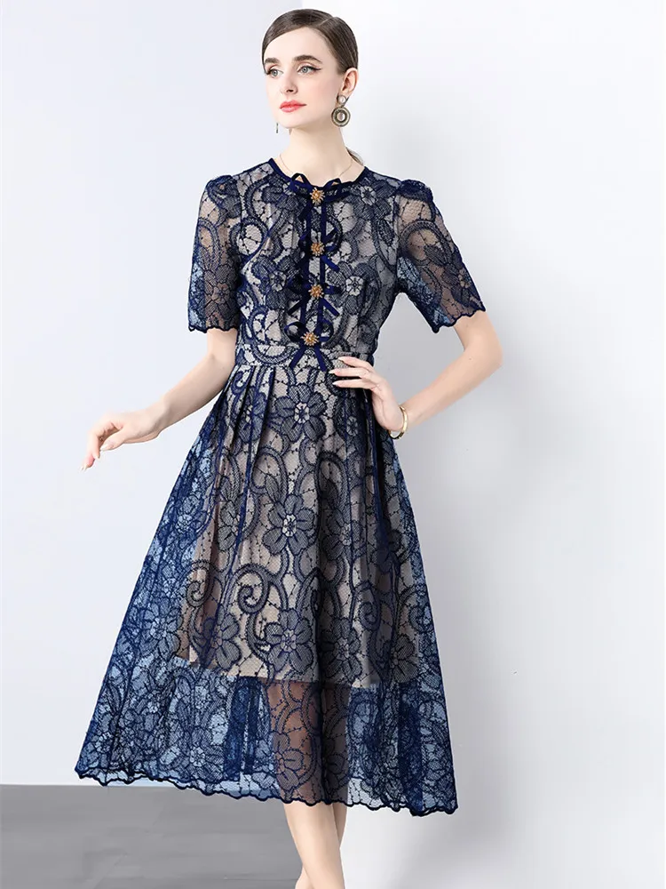 Exquisite Spitze Damen Sommerkleid 2025, neue Mode, Perlen, Schleife, Stickerei, O-Ausschnitt, Blasenärmel, elegantes Kleid für Frauen