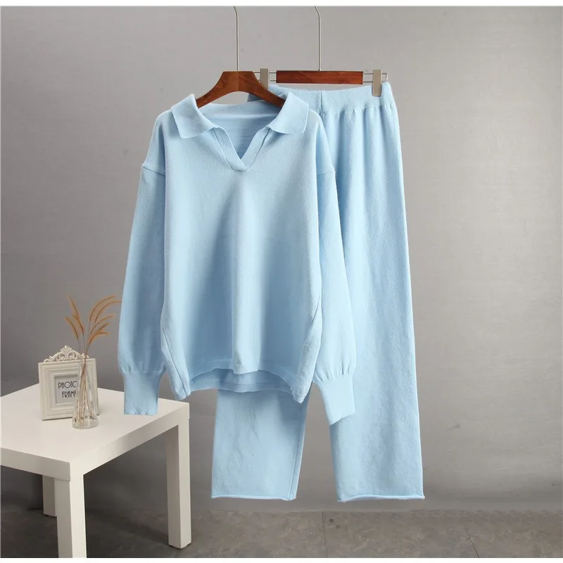 

Autumn and Winter Solid Color Lapel Neck Sweater Set Women's Loose Knitted Polo Neck Sweater Wide Leg Pants Two-piece Set
