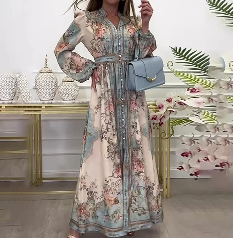 Abito lungo da sera da sera con stampa floreale retrò da donna, manica lunga a sbuffo, scollo a V, abbottonato, elegante abito lungo da festa