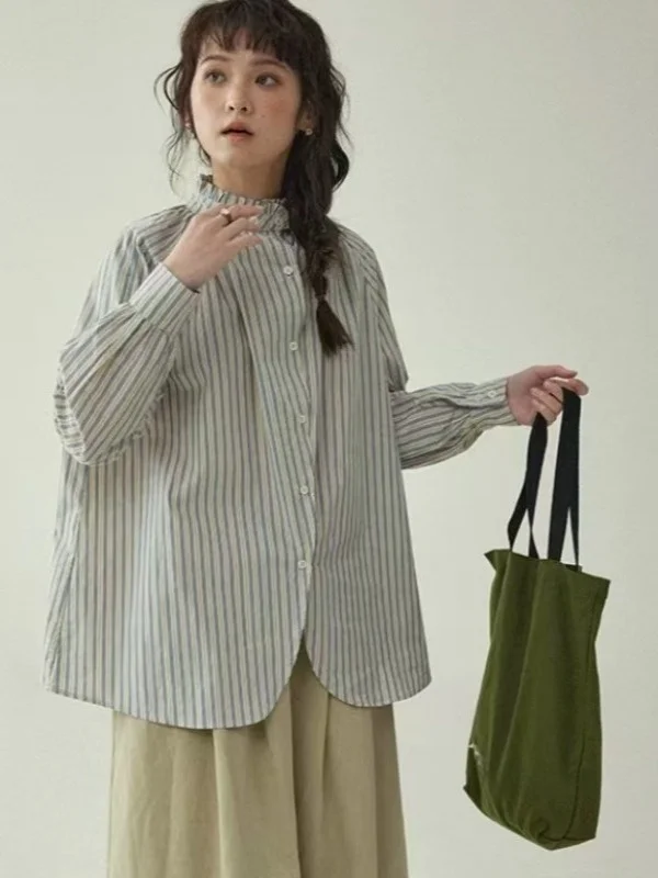 Azul listrado feminino longo sve irt gola francês sle algodão poliéster mistura resistente à deformação primavera temporada