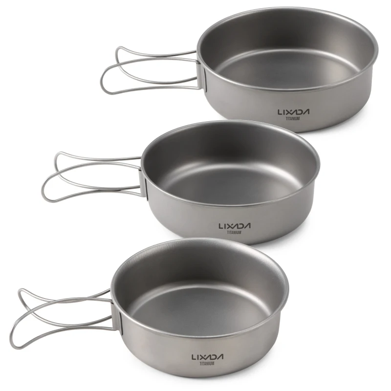 Lixada Titanium Bowls Ultralight Titanium Dinner Bowl Pan Foldable Handles Camping Tableware Outdoor Camping Traveling Supplies