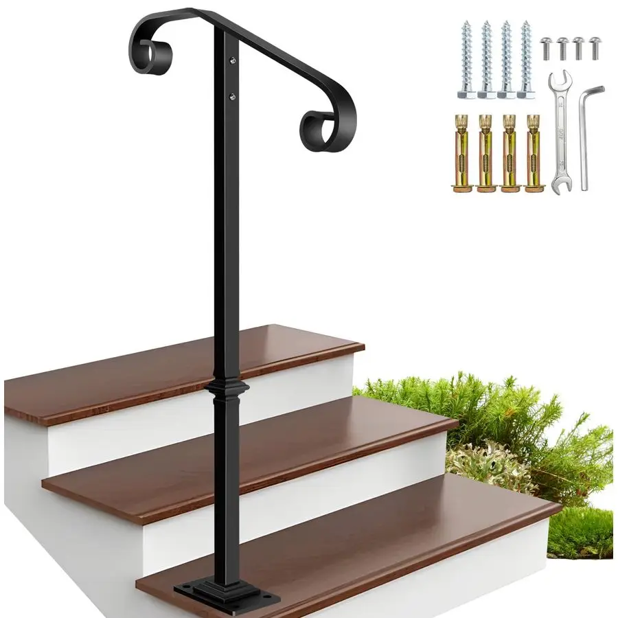 

Railing, Single Post Handrail, Sturdy Outdoor Handrails with Base, Wrought Iron Stair Handrail Fits 1 or 2 Steps, Grab Rail for