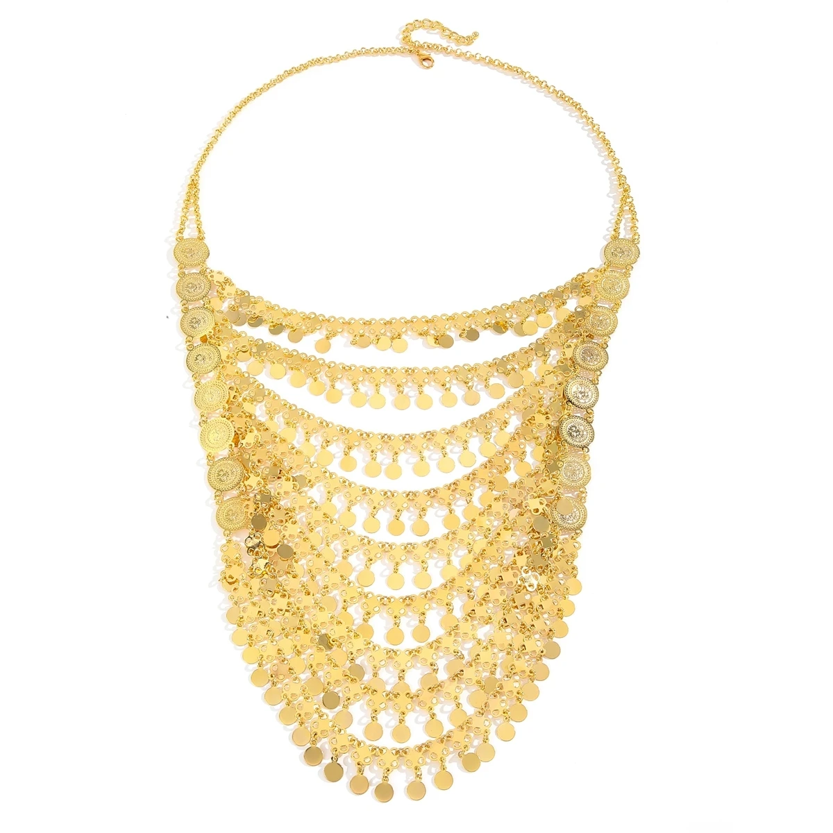 Kurdish Jewelry Arabic Gold Color Multi-layer Metal Coin Tassel Statement Necklace Women's Party Accessories