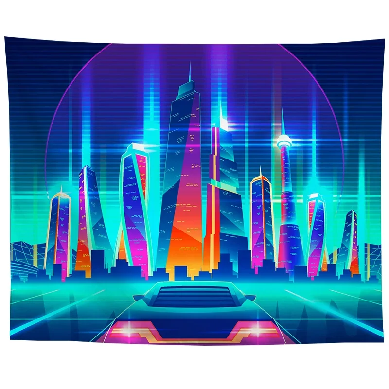 Tapestry Psychedelic Vapor Tapestry Neon Space City Landscape Illustration Living Room Bedroom Tapestry Home Decor