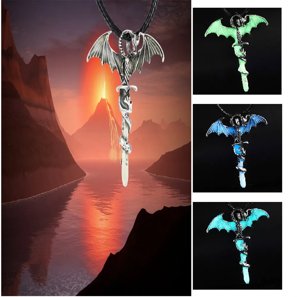 Wu's2022 Vintage Magic Steampunk Glowing Luminous Punk Dragon Pendants Necklaces Mens Jewelry Glow In The Dark Pendant Necklace