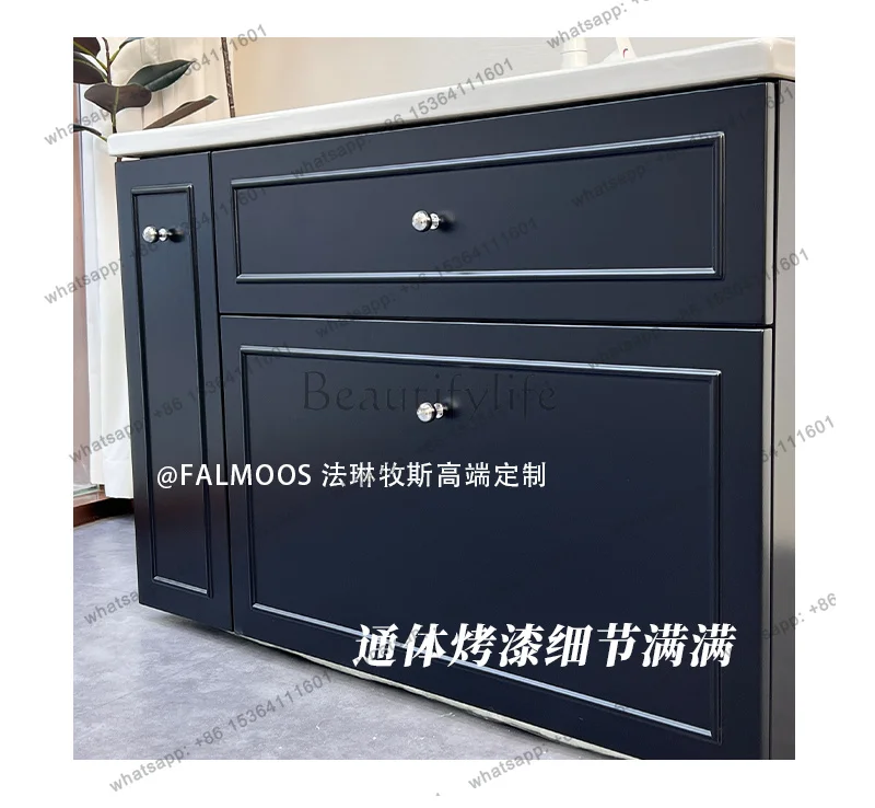 YJ French retro solid wood paint ceramic basin heightened bathroom cabinet combination large storage drawer pull basket wash