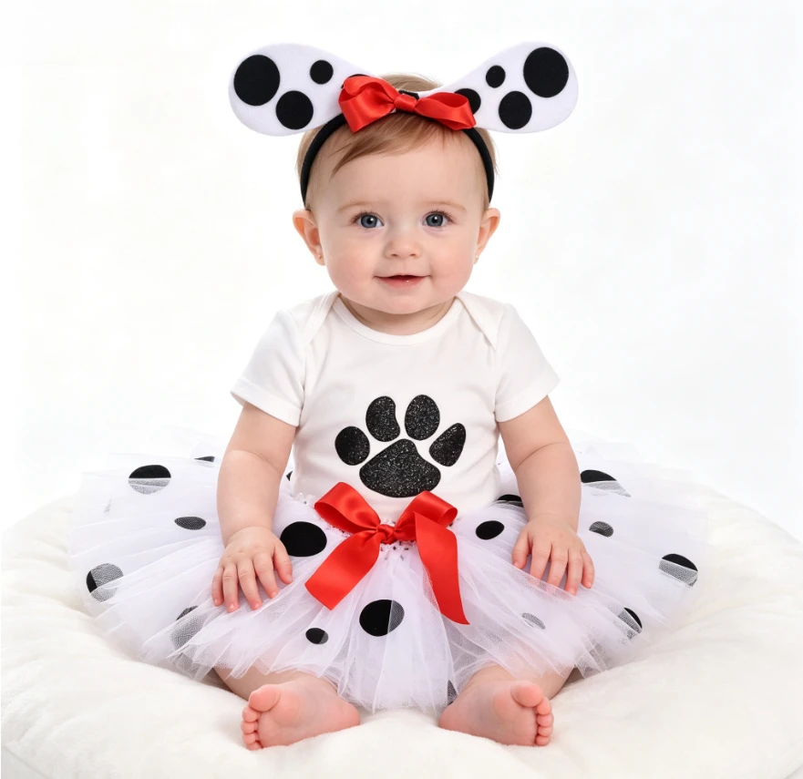 Baby Cute Little Dog Polka Dots Top Skirt And Ear Headband Set With Red Bow Decoration Infant Birthday Party Daily Casual Outfit