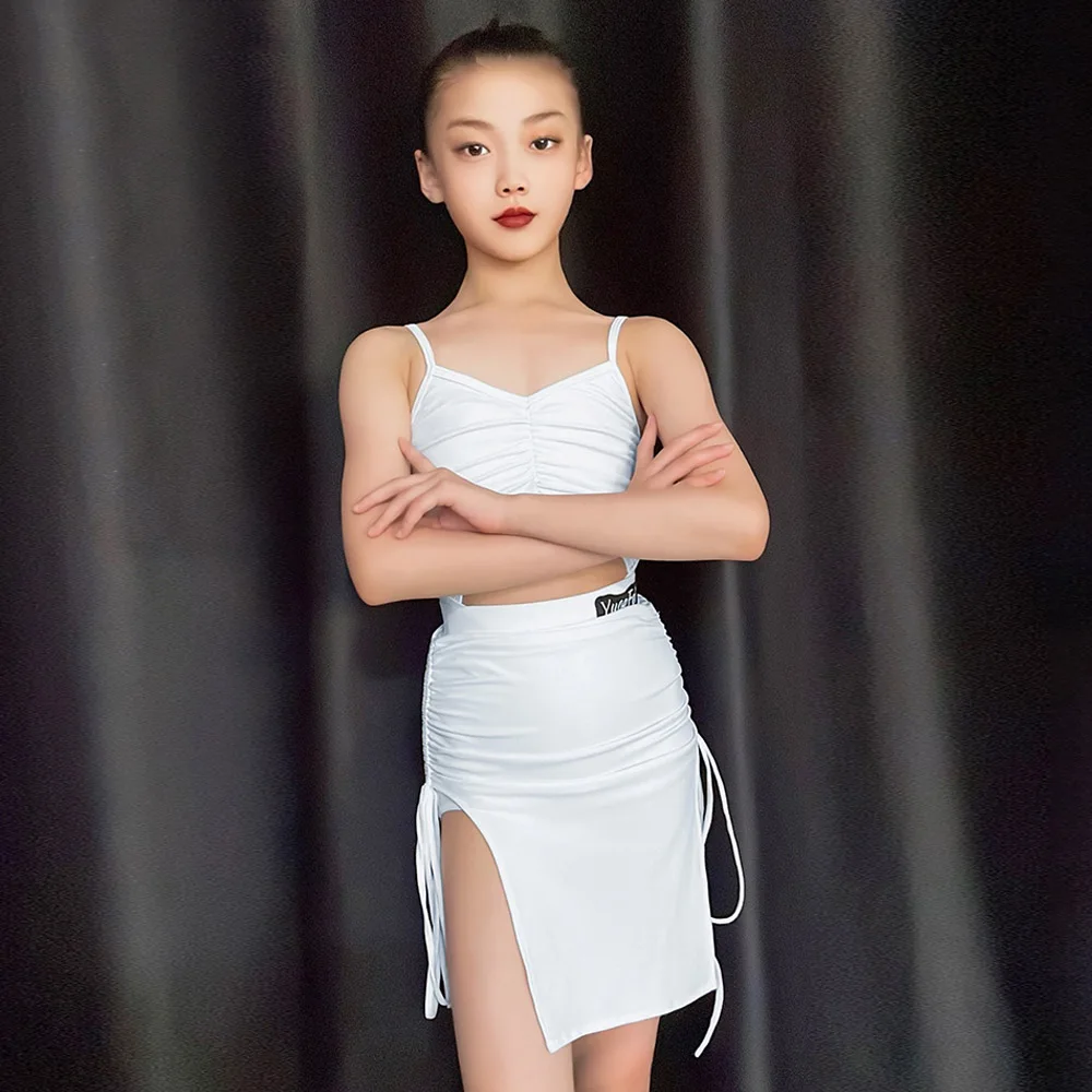 Summer Latin Dance Competition Costume Girls White Tops Skirt Split Suit Kids Chacha Samba Sumba Dancing Practice Wear New DL791