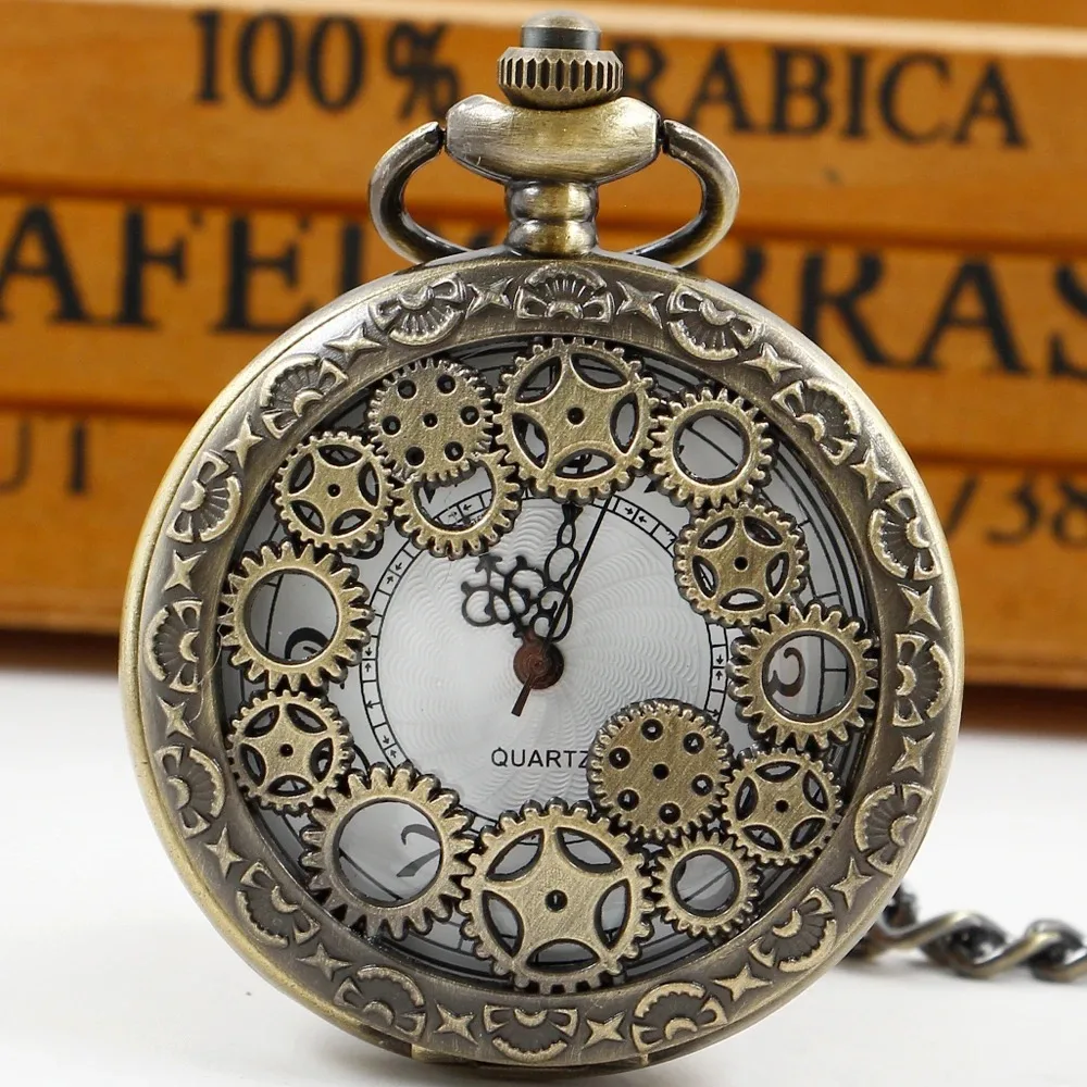 Hollow Gear Quartz นาฬิกาพ็อกเก็ตนาฬิกา Vintage Bronze สร้อยคอโซ่กระเป๋า Fob นาฬิกาโบราณจี้ของขวัญผู้หญิงผู้ชาย