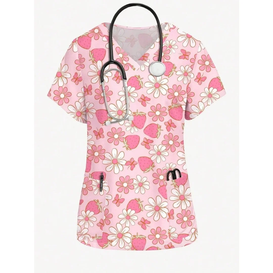 Vestido Clínico Feminino 2026 com Estampa de Desenho Animado, Decote em V, Manga Curta, Confortável e Moderno – Blusa Feminina para Enfermeiras e Cirurgias